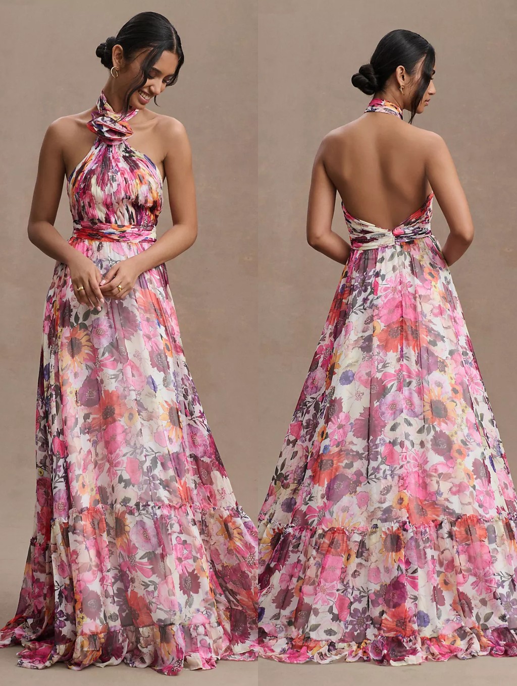 Nwt Anthropologie Mac Duggal Asymmetrical Ruffled Halter Floral Gown 68108